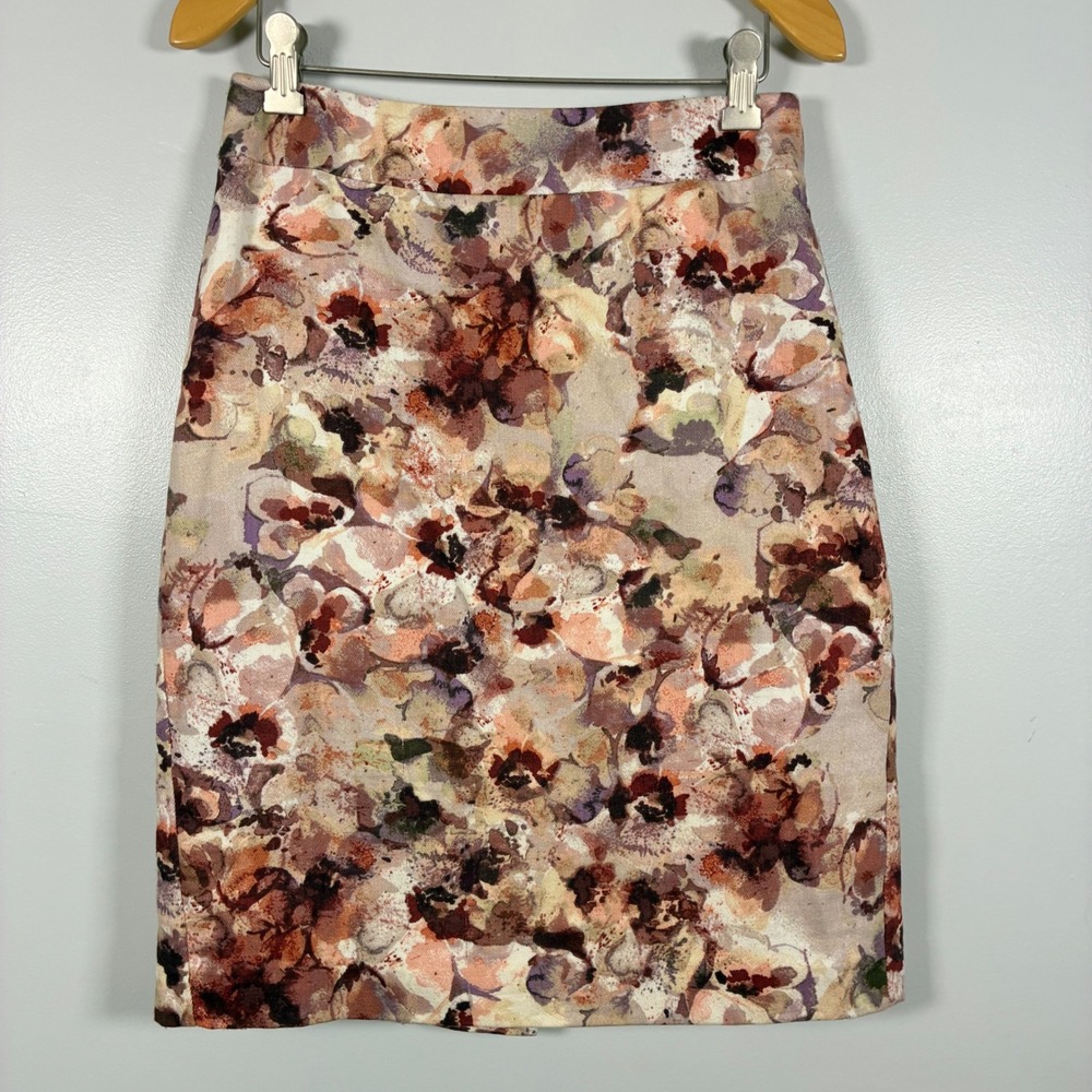 Ann Taylor Pencil Skirt 2 Floral Cotton Back Zip Lined Career Office Cottage